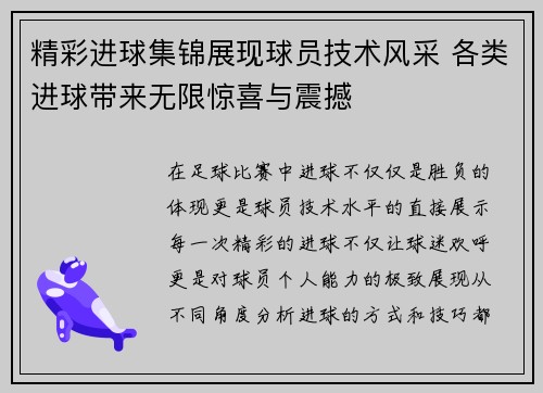 精彩进球集锦展现球员技术风采 各类进球带来无限惊喜与震撼