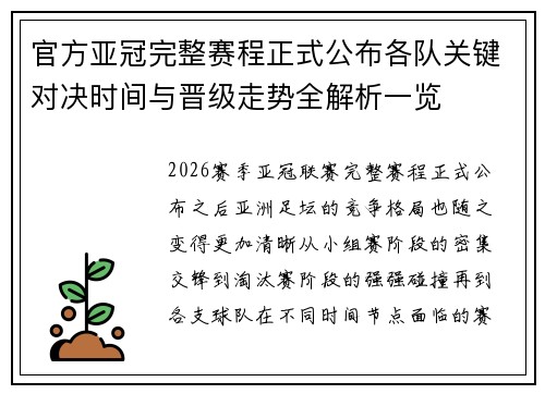 官方亚冠完整赛程正式公布各队关键对决时间与晋级走势全解析一览 官方亚冠完整赛程正式公布各队关键对决时间与晋级走势全解析一览