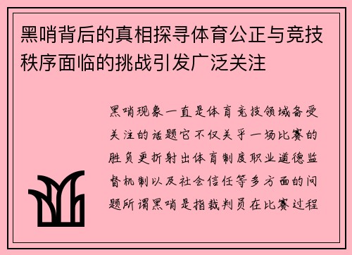 黑哨背后的真相探寻体育公正与竞技秩序面临的挑战引发广泛关注